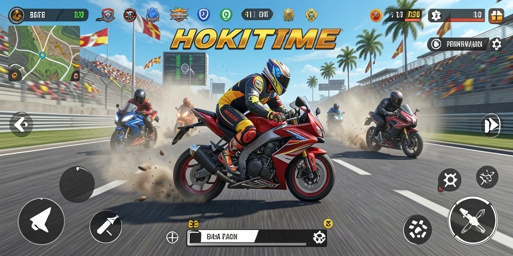 Screenshot HOKITIME menunjukkan aksi balap motor yang seru dan mendebarkan.