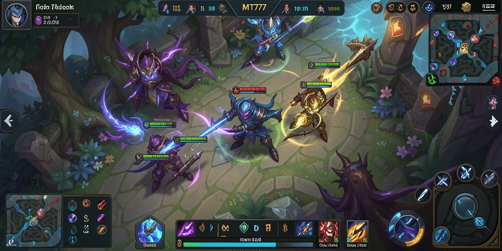Screenshot gameplay menampilkan aksi pertarungan MOBA yang intens.
