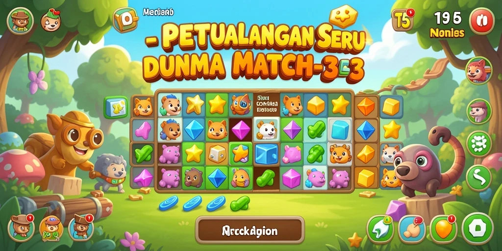 Screenshot permainan T6 menunjukkan ledakan batu berwarna-warni yang menyenangkan.