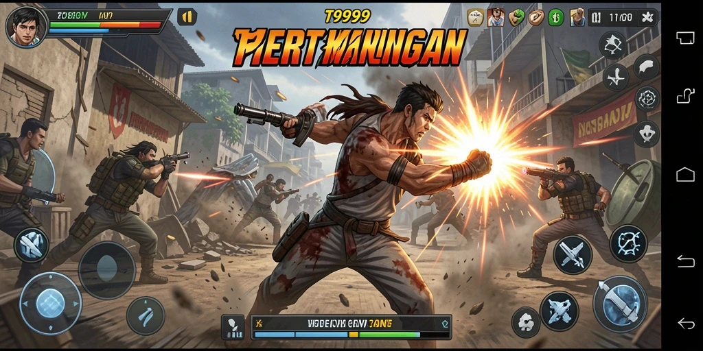 Screenshot dari gameplay T9999 dengan aksi penuh adrenalin.